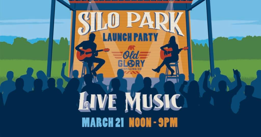 Silo Park launch party at Old Glory Distilling Co. in Clarksville TN featuring live music on an outdoor stage with musicians and a crowd on March 21 from noon to 9 pm